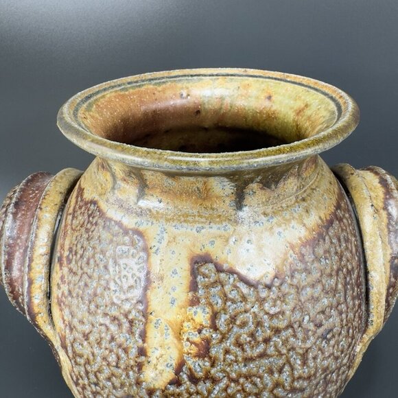 Vintage Hand Made USA Pottery Stoneware Vase Round Bottom Heavy With Handles VTG - Picture 6 of 13